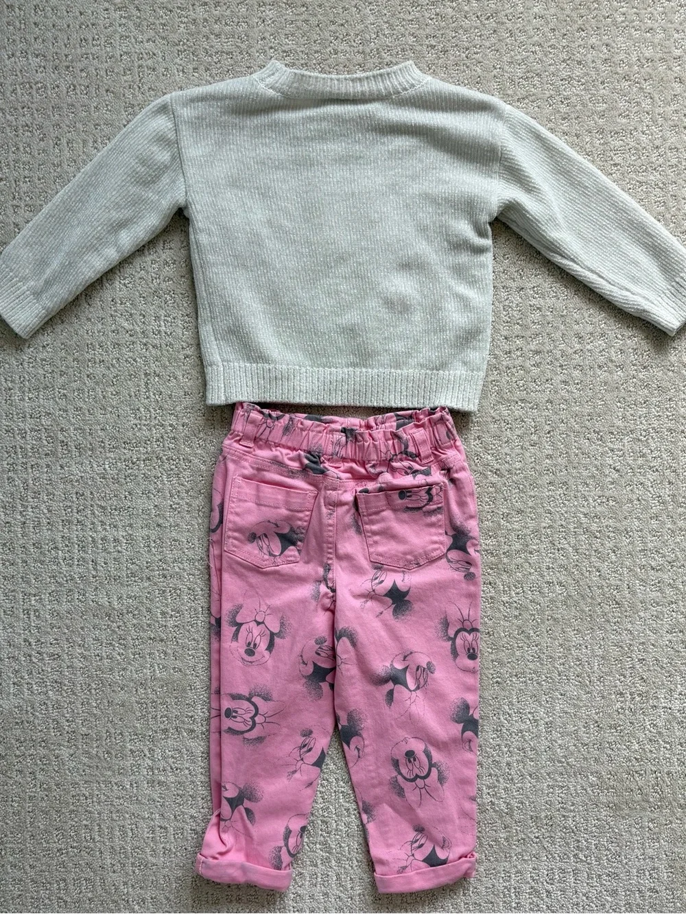 Disney Junior Girls Cream Knit Sweater with Black Minnie Silhouette and Pink Bow